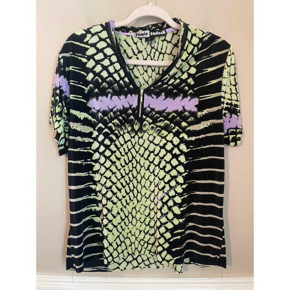 Jamie Sadock Womens XL  Plisse Pleat Golf Top Abstract Green Black Purple
